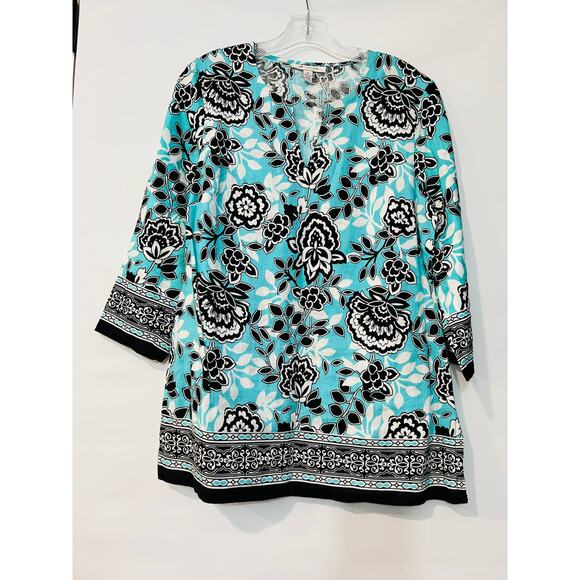 JM Collection Tops - JM Collection Blouse Womens size 12 Blue100% Linen Floral V Neck 3/4 Sleeves